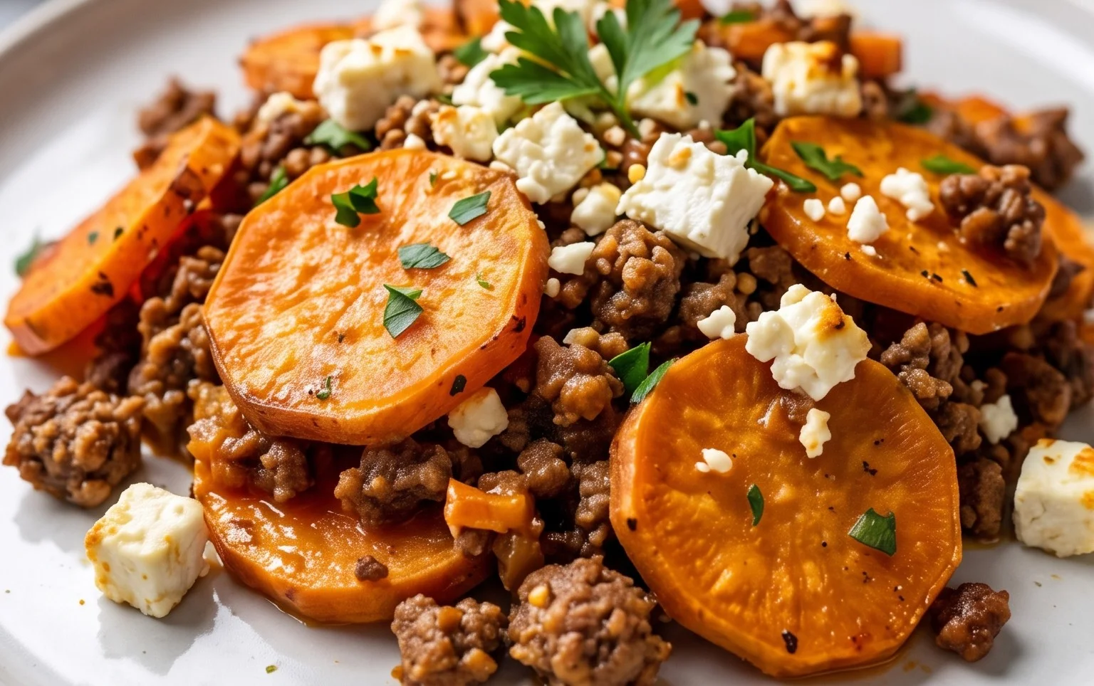 Süßkartoffel-Hackfleisch-Auflauf mit Feta