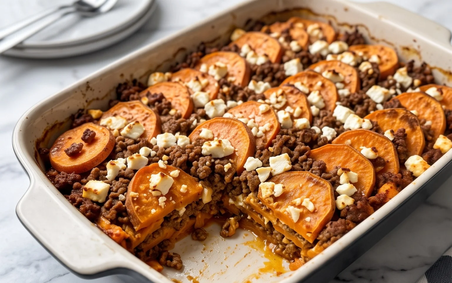 Süßkartoffel-Hackfleisch-Auflauf mit Feta